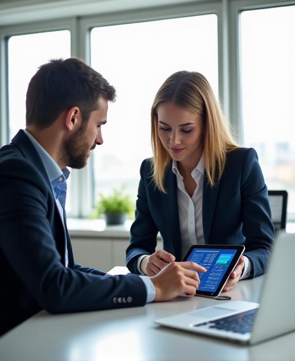 Zwei Berater besprechen Finanzdaten auf einem Tablet in einem hellen Büro.